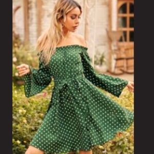 🌟 Forest green Polka Dot Off Shoulder Dress